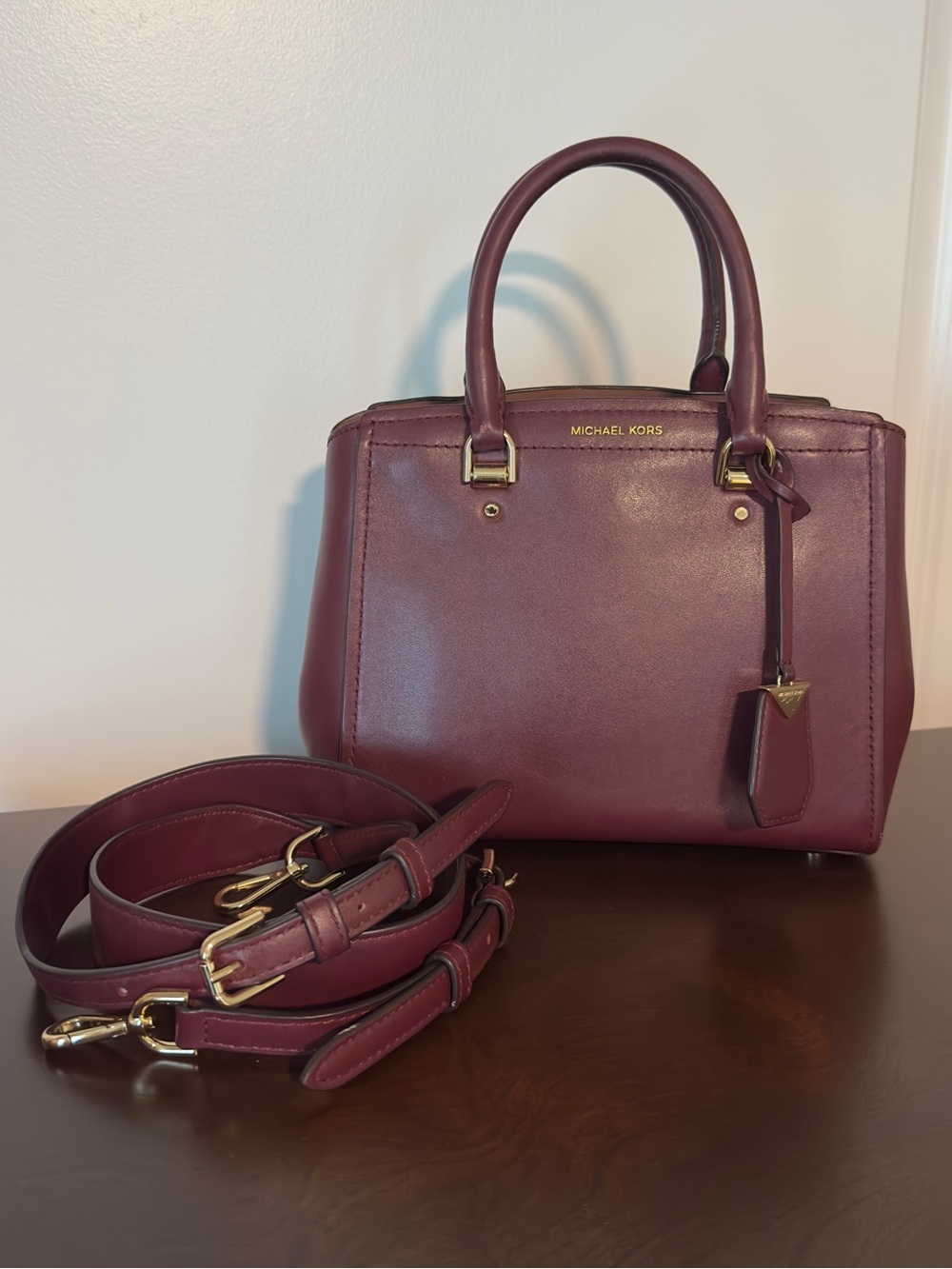 Michael Kors Wine Leather Satchel with Gold Hardware